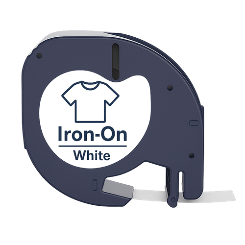 Dymo 18769 compatible labeltape, black on white iron-on, 12mm x 4m
