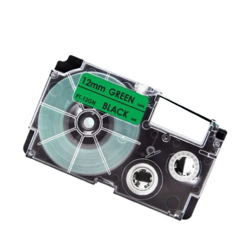 Casio XR-12GN compatible labeltape, black on green, 12mm x 8m