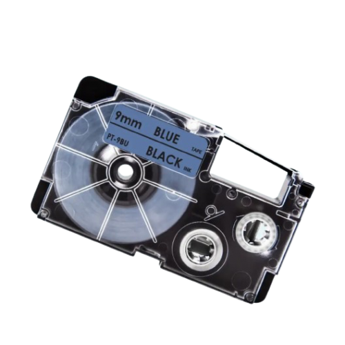 Casio XR-9BU compatible labeltape, black on blue, 9mm x 8m
