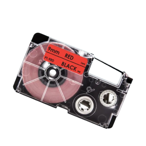 Casio XR-9RD compatible labeltape, black on red, 9mm x 8m